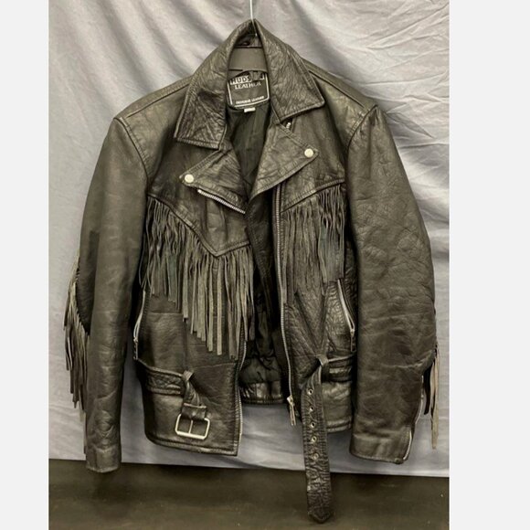 VTG Women’s Black Fringed Leather Heavy Biker Motorcycle Jacket Size S Hudson - Picture 12 of 14